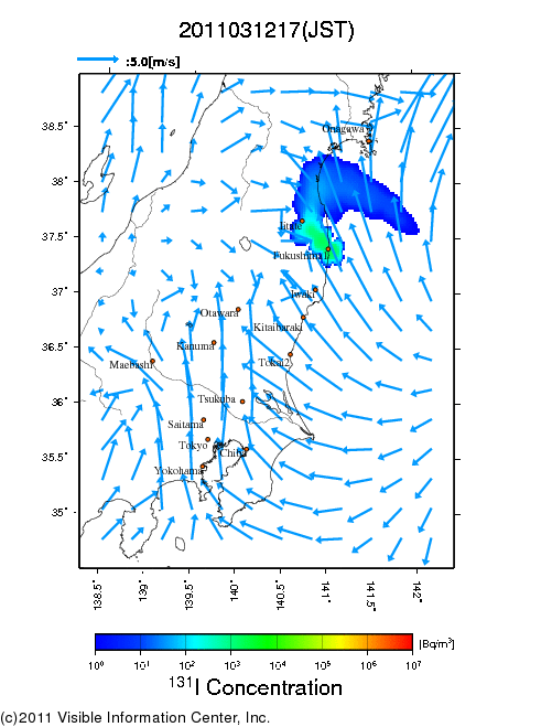 地表付近 大気中濃度分布[Bq/m3]　2011-03-12 17時