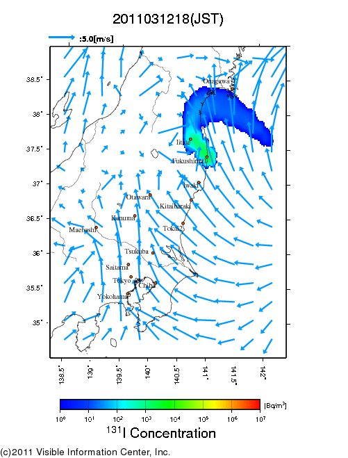 大気中濃度分布[Bq/m3]　2011031218