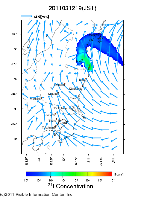 大気中濃度分布[Bq/m3]　2011031219