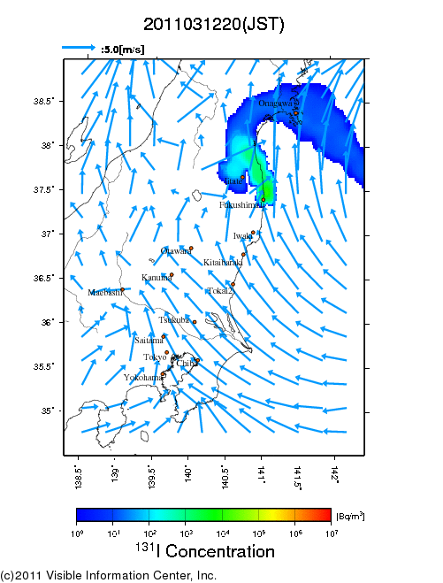 大気中濃度分布[Bq/m3]　2011031220