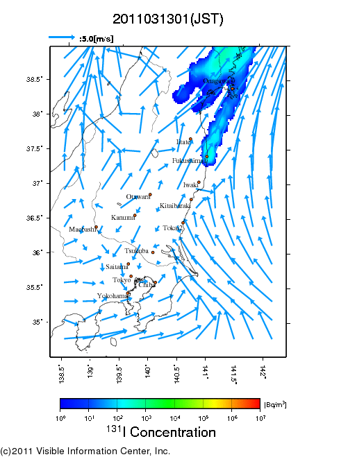 地表付近 大気中濃度分布[Bq/m3]　2011-03-13 01時