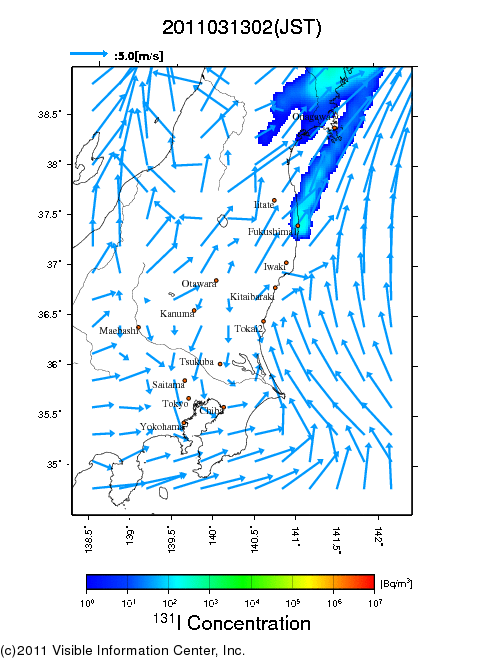 地表付近 大気中濃度分布[Bq/m3]　2011-03-13 02時