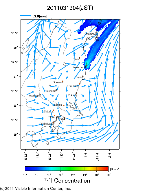 地表付近 大気中濃度分布[Bq/m3]　2011-03-13 04時