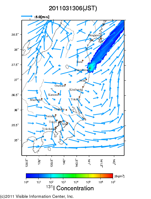 Ground level air concentration [Bq/m3] 2011-03-13 06