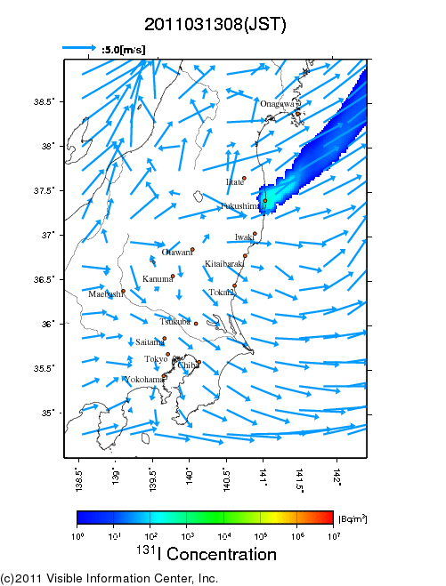 地表付近 大気中濃度分布[Bq/m3]　2011-03-13 08時