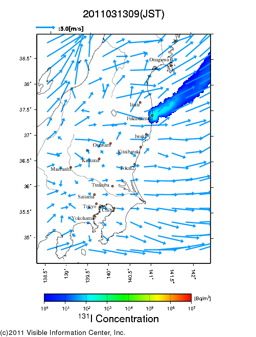 Ground level air concentration [Bq/m3] 2011-03-13 09