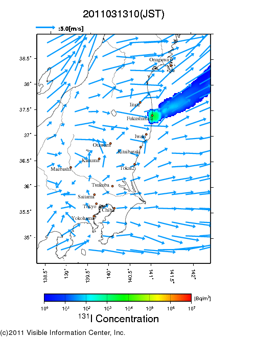 地表付近 大気中濃度分布[Bq/m3]　2011-03-13 10時