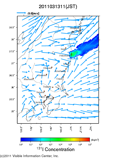 地表付近 大気中濃度分布[Bq/m3]　2011-03-13 11時