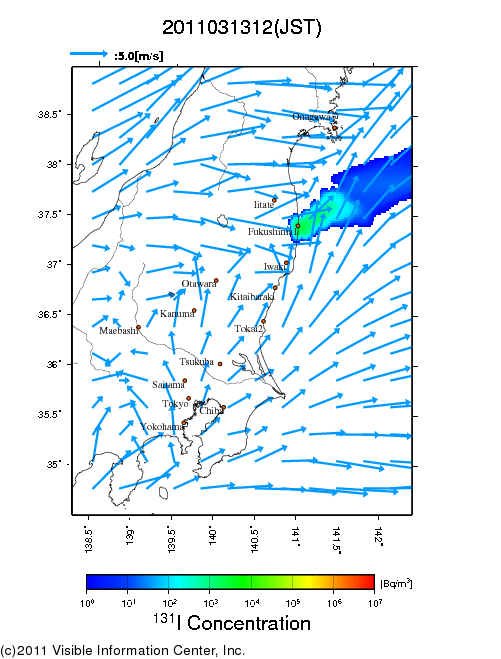 Ground level air concentration [Bq/m3] 2011-03-13 12