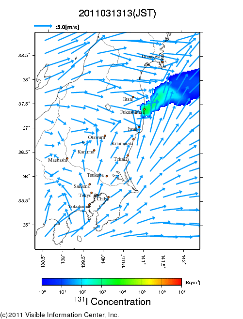 Ground level air concentration [Bq/m3] 2011-03-13 13