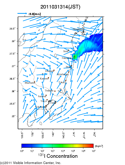 Ground level air concentration [Bq/m3] 2011-03-13 14