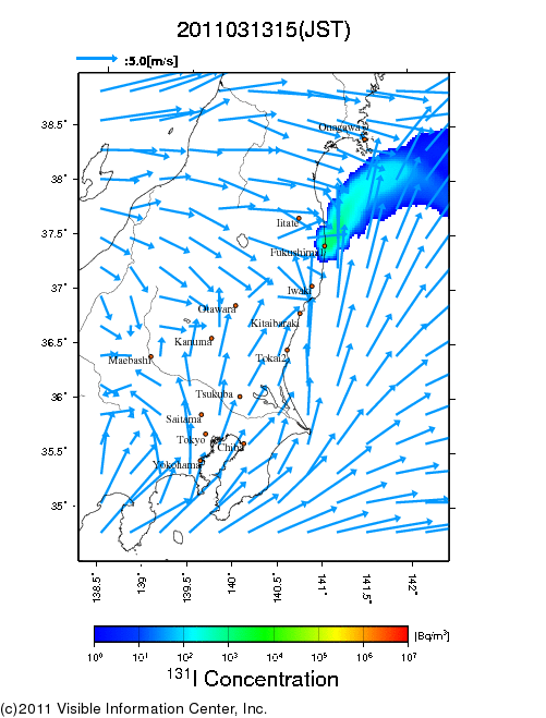 Ground level air concentration [Bq/m3] 2011-03-13 15