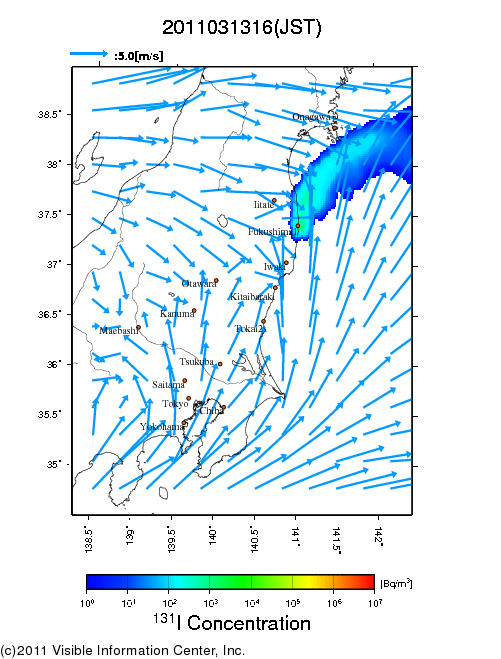 大気中濃度分布[Bq/m3]　2011031316