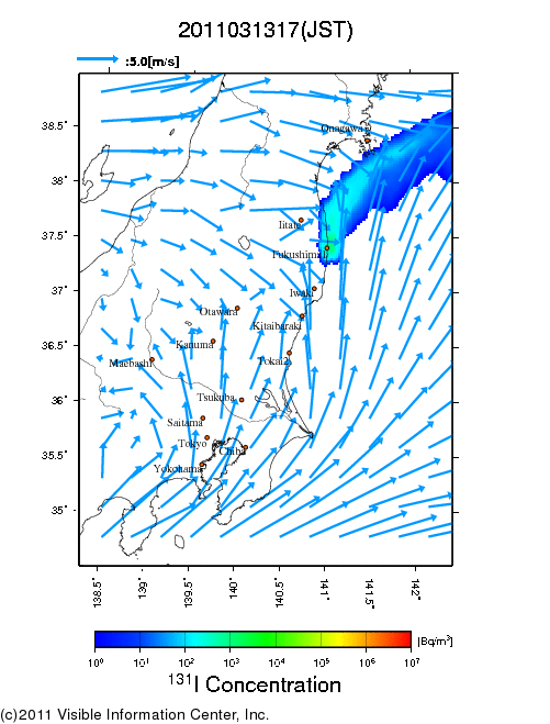 地表付近 大気中濃度分布[Bq/m3]　2011-03-13 17時