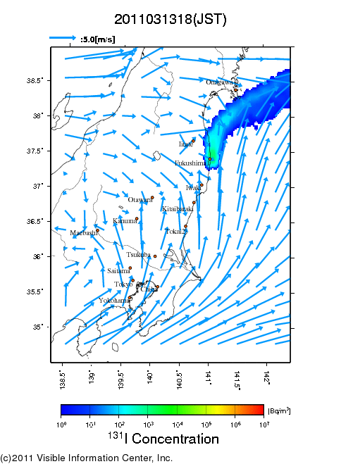 地表付近 大気中濃度分布[Bq/m3]　2011-03-13 18時