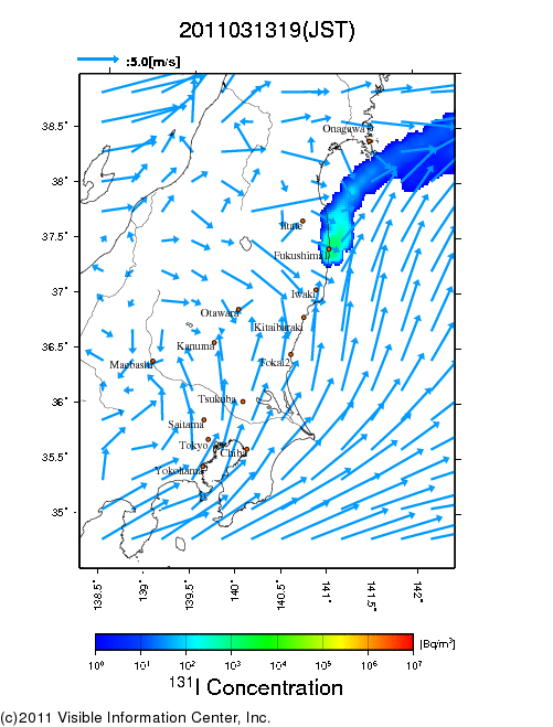 Ground level air concentration [Bq/m3] 2011-03-13 19