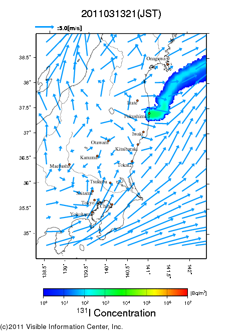 地表付近 大気中濃度分布[Bq/m3]　2011-03-13 21時