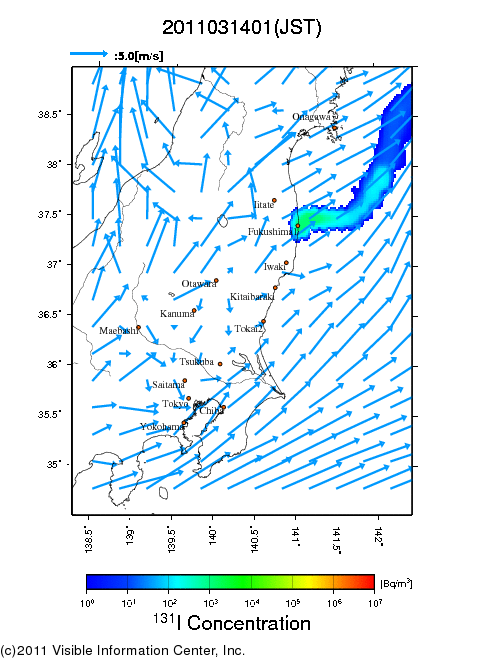 Ground level air concentration [Bq/m3] 2011-03-14 01