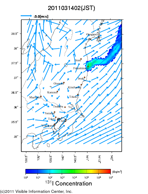 Ground level air concentration [Bq/m3] 2011-03-14 02