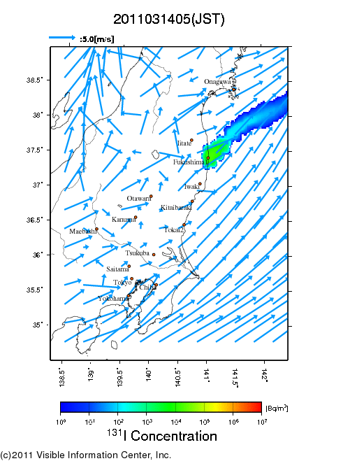 地表付近 大気中濃度分布[Bq/m3]　2011-03-14 05時