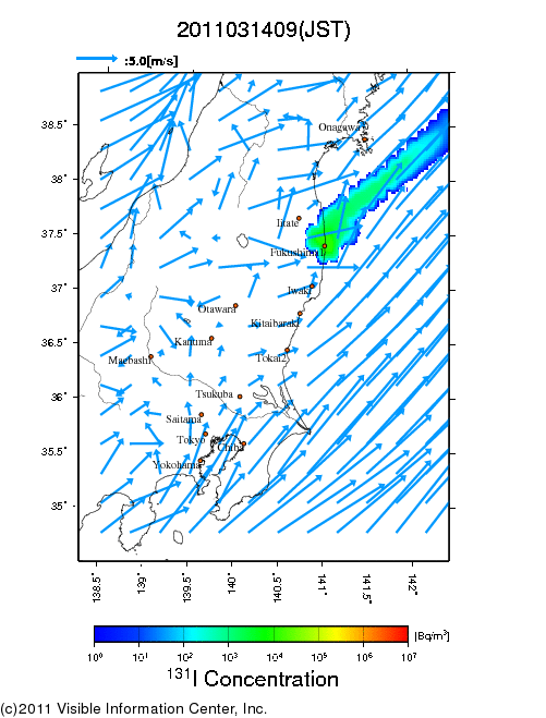 大気中濃度分布[Bq/m3]　2011031409