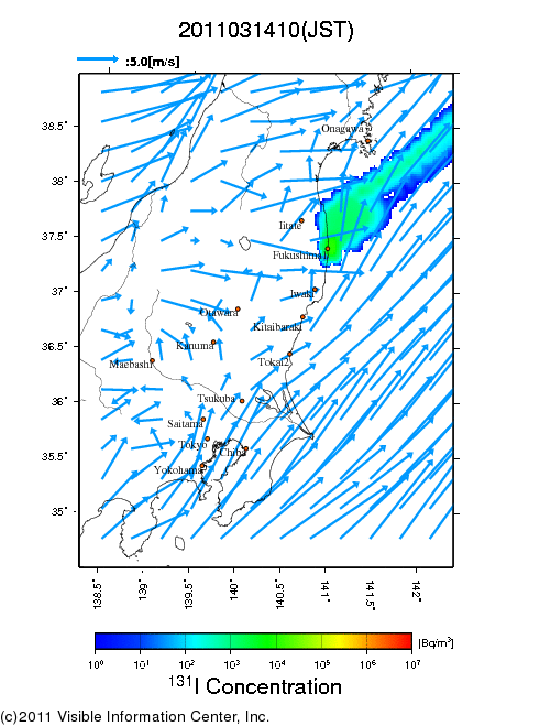 地表付近 大気中濃度分布[Bq/m3]　2011-03-14 10時