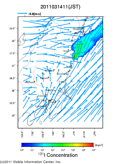 Ground level air concentration [Bq/m3] 2011-03-14 11