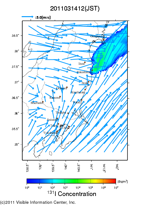 地表付近 大気中濃度分布[Bq/m3]　2011-03-14 12時