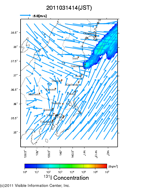 地表付近 大気中濃度分布[Bq/m3]　2011-03-14 14時