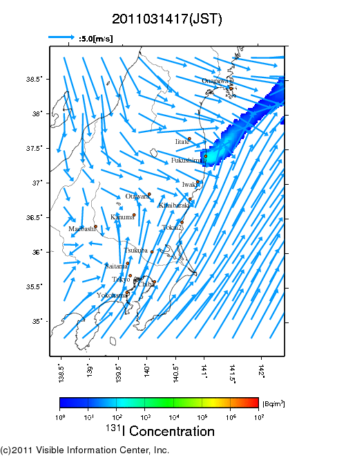 大気中濃度分布[Bq/m3]　2011031417