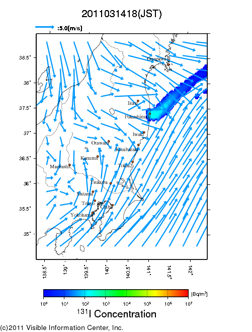 Ground level air concentration [Bq/m3] 2011-03-14 18