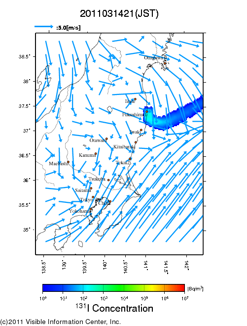 地表付近 大気中濃度分布[Bq/m3]　2011-03-14 21時