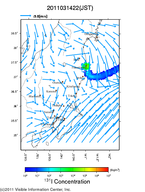 大気中濃度分布[Bq/m3]　2011031422