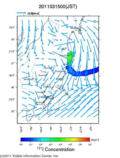 地表付近 大気中濃度分布[Bq/m3]　2011-03-15 00時