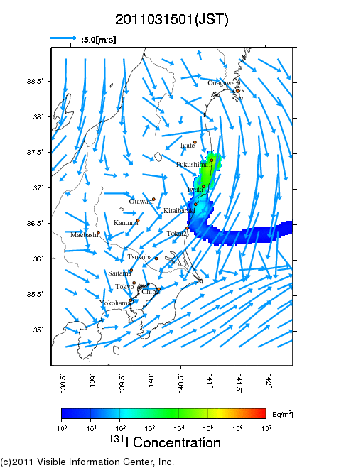 地表付近 大気中濃度分布[Bq/m3]　2011-03-15 01時