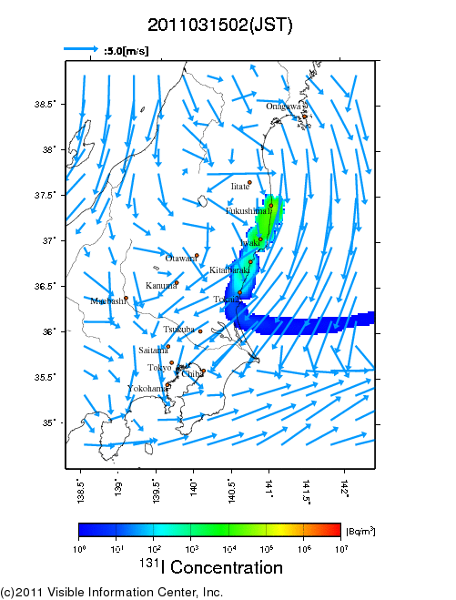大気中濃度分布[Bq/m3]　2011031502