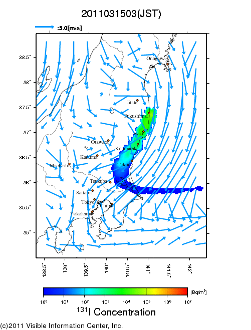 地表付近 大気中濃度分布[Bq/m3]　2011-03-15 03時