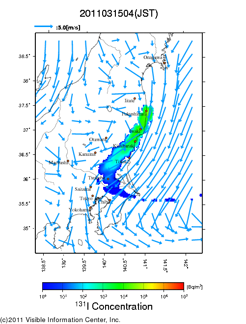 地表付近 大気中濃度分布[Bq/m3]　2011-03-15 04時