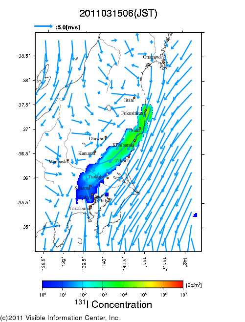 地表付近 大気中濃度分布[Bq/m3]　2011-03-15 06時