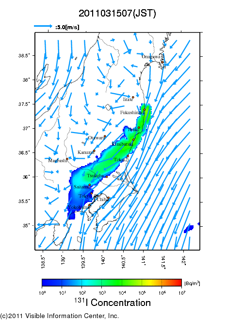 Ground level air concentration [Bq/m3] 2011-03-15 07