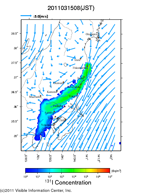 地表付近 大気中濃度分布[Bq/m3]　2011-03-15 08時