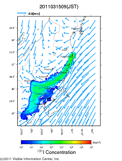 地表付近 大気中濃度分布[Bq/m3]　2011-03-15 09時