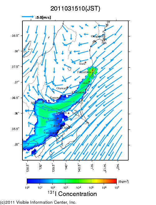 地表付近 大気中濃度分布[Bq/m3]　2011-03-15 10時