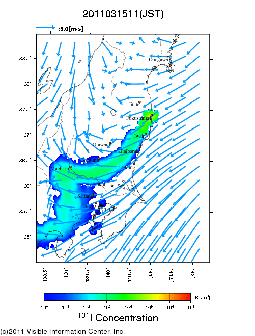 Ground level air concentration [Bq/m3] 2011-03-15 11