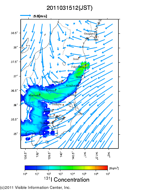 地表付近 大気中濃度分布[Bq/m3]　2011-03-15 12時