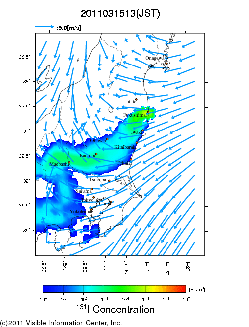 Ground level air concentration [Bq/m3] 2011-03-15 13