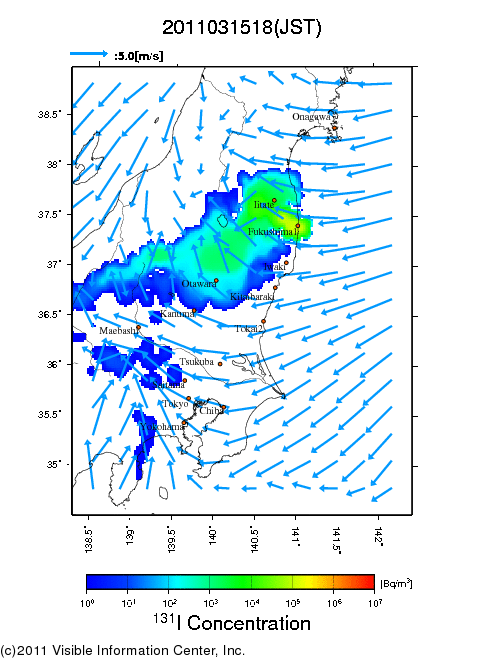 地表付近 大気中濃度分布[Bq/m3]　2011-03-15 18時