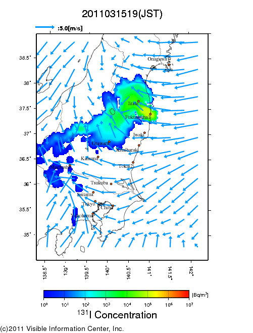 地表付近 大気中濃度分布[Bq/m3]　2011-03-15 19時