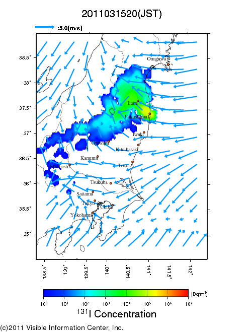 地表付近 大気中濃度分布[Bq/m3]　2011-03-15 20時