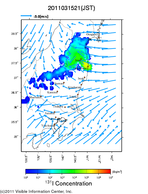 地表付近 大気中濃度分布[Bq/m3]　2011-03-15 21時